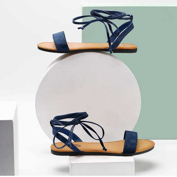 Lace Up Ankle Strap Open Toe Flat Sandals Navy - Picture 5 of 6